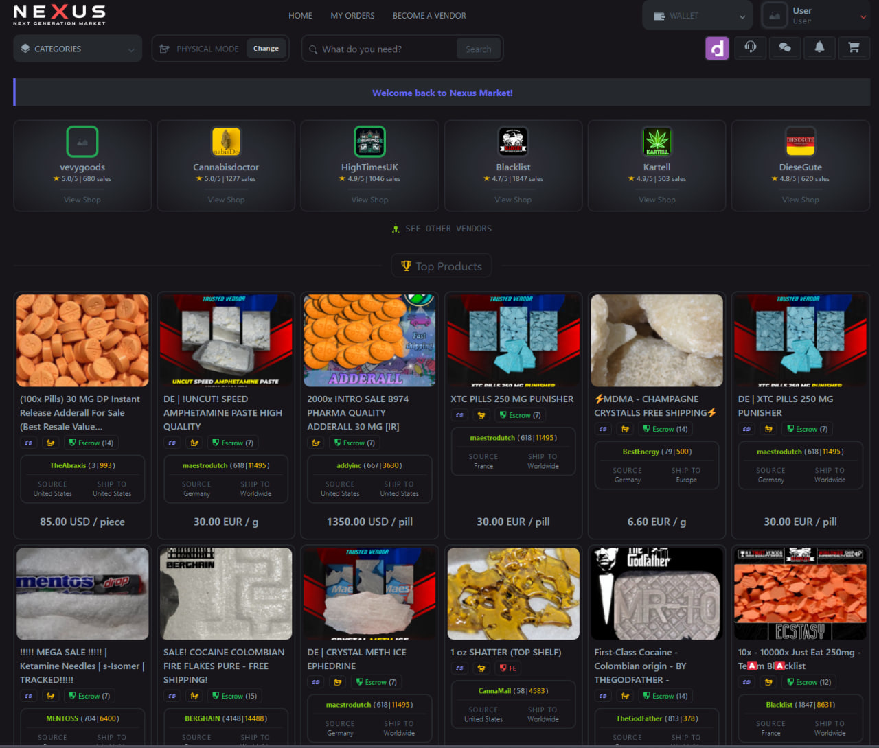Nexus Market darknet marketplace interface screenshot showing product listings and navigation